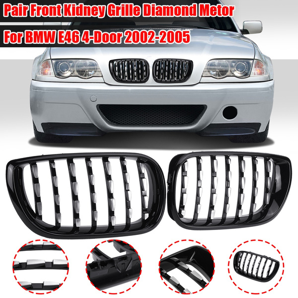 2X Glossy Black Chrome Diamond Star Euro Style Mesh Kidney Grill Grille Compatible with 02-06 E46 4 DOOR Sedan 
