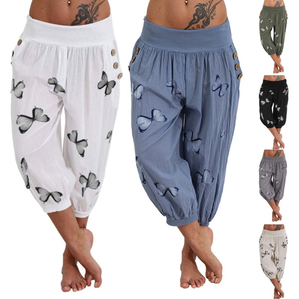6 COLORS Women Capri Pants 3/4 Casual Harem Pants Elastic Waist Pants  Summer Butterfly Printed Shorts Casual Trousers with Pockets