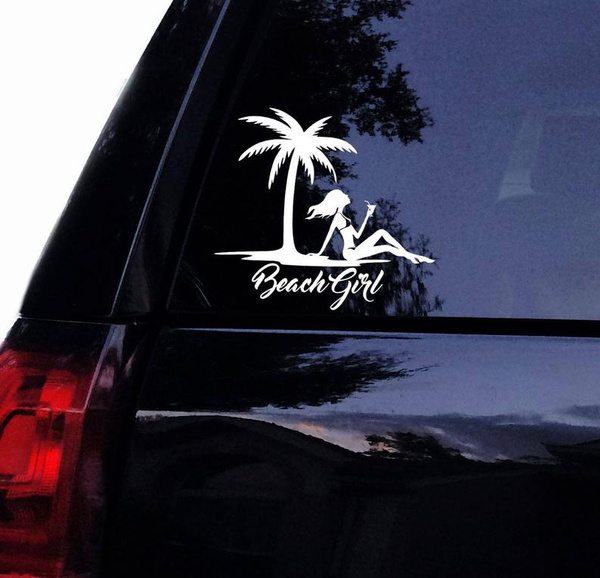 Beach Girl Decal - Girl Tanning and Sipping Drink under Palm Tree Vinyl ...
