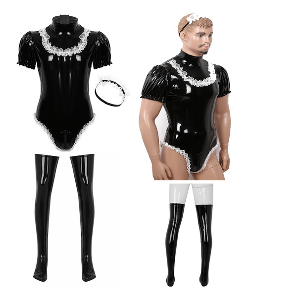 Clubwear Sissy Maid Cosplay Costume Wetlook Leather Leotard Lace ...