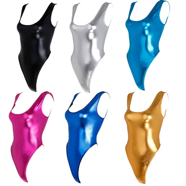 One Piece Shiny Wetlook Patent Leather High Cut Thong Leotard Bikini