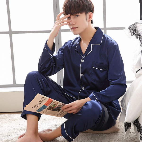 Men s New Fashion Soft Silk Casual Pajama Sets Two Pieces Shirts