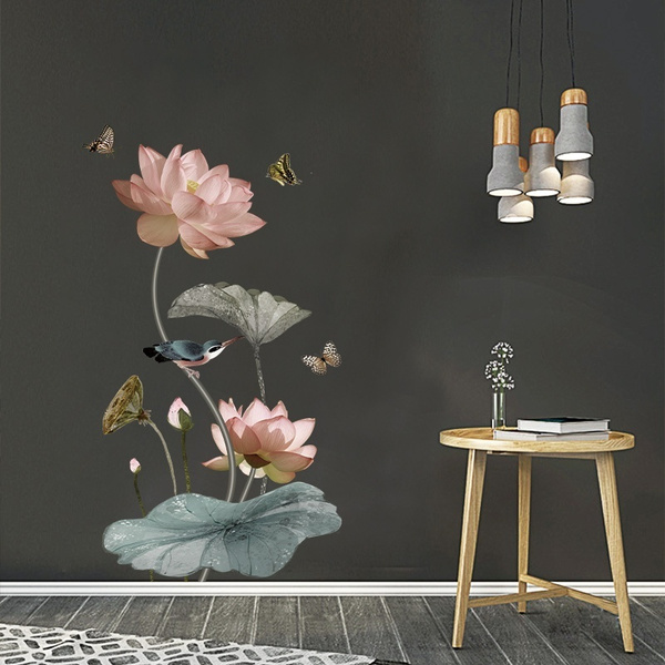 Chinese Calligraphy Lotus Flower Butterfly Wall Stickers Vinyl Decal ...