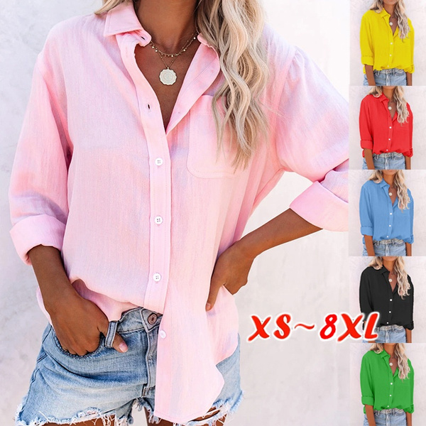 Women's Fashion Cotton Clothing Casual Long Sleeve Blouse with Pocket ...