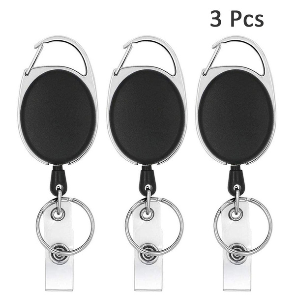 3 Pack Retractable Badge Reel with Carabiner Belt Clip and Key Ring for ID  Card Key Keychain Badge Holder Black