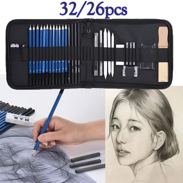 26/32pcs/Set Professional Drawing Sketch Pencil Kit Including Sketch Pencils  Graphite & Charcoal Pencils Sticks Erasers Sharpeners with Carrying Bag for  Art Supplies Students