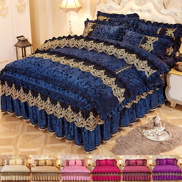 Home Bedroom Winter Warm Velvet Soft Lace Pattern Ruffled Bed Skirt  Twin/Full/Queen/King Size High Quality Bed Skirt Bedding Sheet Pillowcases Thick  Bed Sheets Royal Blue Mattress Cover