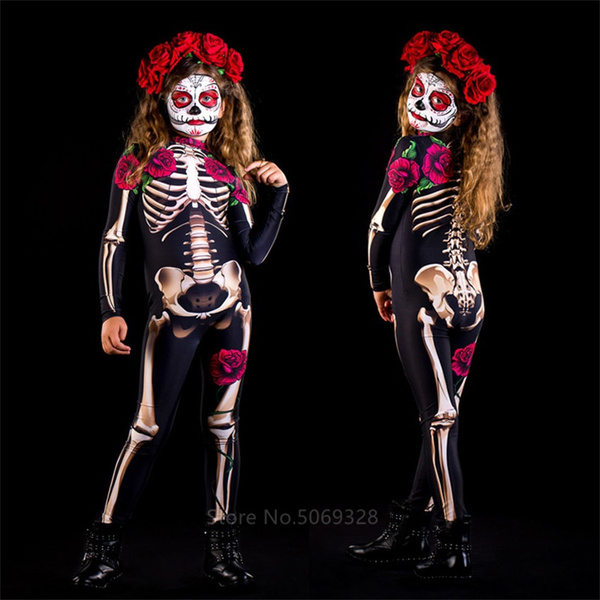 Skeleton Rose Sexy Women Halloween Devil Ghost Jumpsuit Party Carnival Performance Scary Costume Kids Baby Girl Day Of The Dead Wish