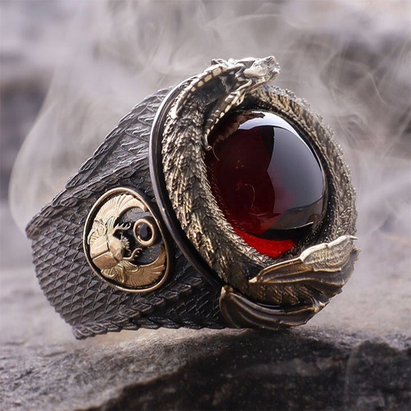 Vintage Luxury Men s Fashion 925 Sterling Silver Black Dragon Rings Inlay Garnet Gem Carved Mythical Dragon Ring Punk Jewelry Anniversary Gift