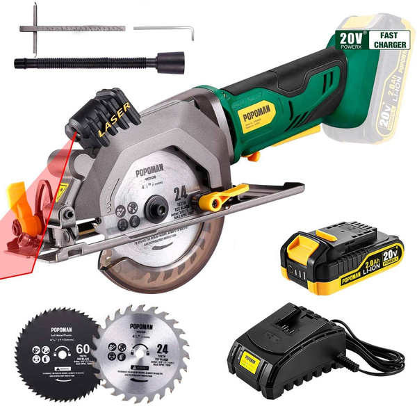 POPOMAN Cordless Circular Saw, 4-1/2 Saw with Laser Guide, 20V 2.0Ah  Battery, 1H Charger, 9.5 Base Plate, Max Cutting Depth 1-11/16'' (90°),  1-1/8