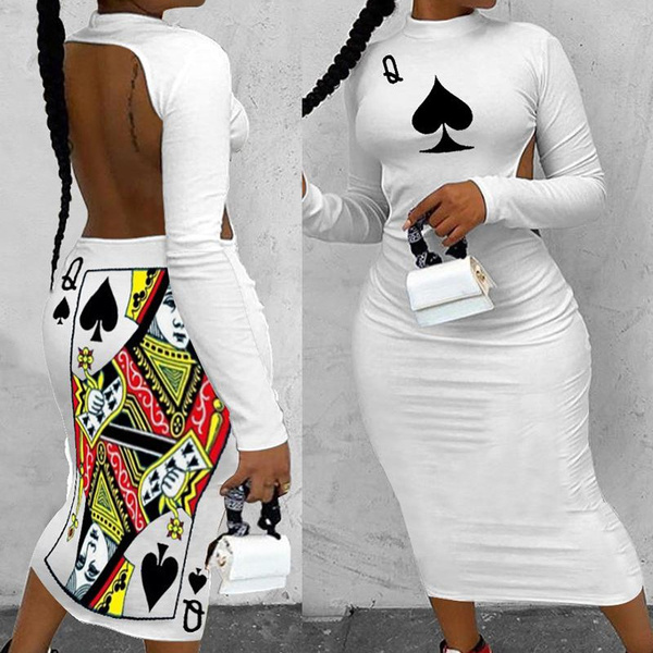 poker print backless bodycon dress