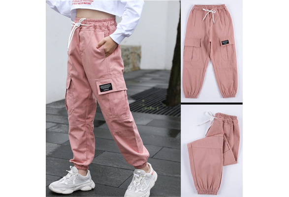 EACHIN Grils Pants Trend Girls Pants Cotton Thin Summer Cargo Pants  Multi-pocket Sweatpants Harem Pants Elastic Waist Long Pants