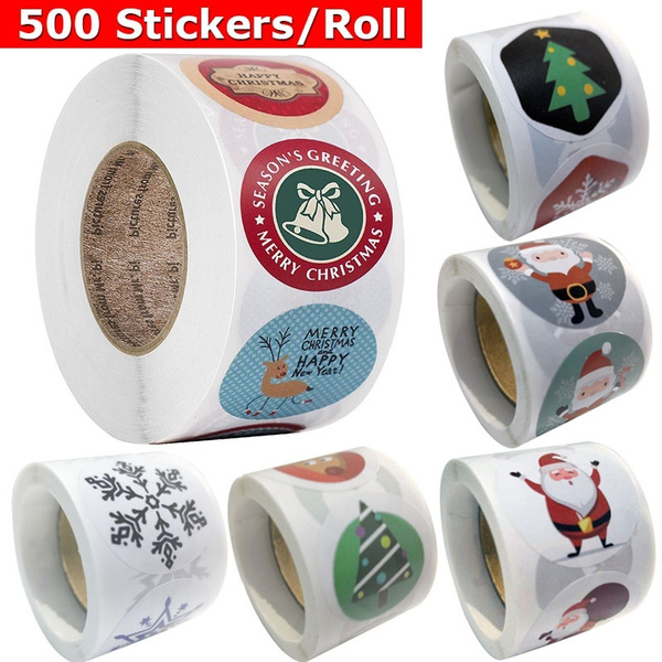 500Pcs/Roll Merry Christmas Stickers Holiday Trees Snowflake Santa Claus Stickers Christmas Stickers Decorations For Xmas-Gift Tags Round Seals ...