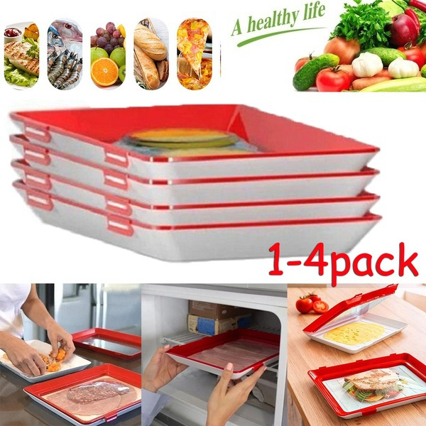 Food Plastic Preservation Tray, Stackable Food Tray Reusable Creative fresh  tray storage for Food Preservation (4 Pack)
