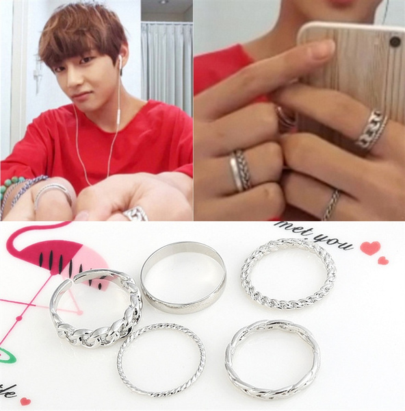 5pcs Set Kpop Bts Bangtan Boys V Kim Tae Hyung Same Silver Rings Set Finger Ring Jewelry Korean Jewelry For Men Women Wish