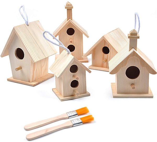 Decoroca 5PCS Unpainted Wooden Birdhouses Fun Express DIY Bird Houses