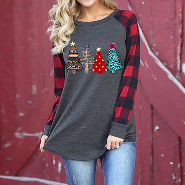 Merry Christmas Hat Shirt Women Funny Christmas Stripe Long Sleeve O-Neck Splicing Tops T-Shirt