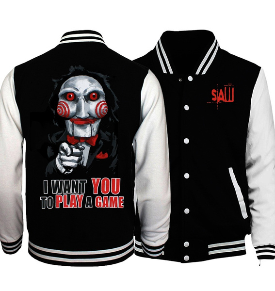 Saw Horror Movie Jigsaw Puppet I Want You to Play a Game Baseball Uniform  Jacket