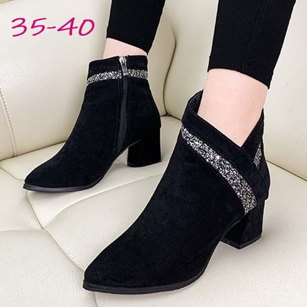 Autumn and Winter Ladies Shoes Women Boots Pointed Toe Low Cut Chunky Heels Ankle Boots Tenis Femininos