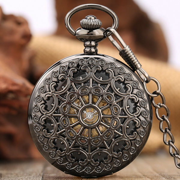 5 Styles Utility Handwinding Mechanical Pocket Watch Black Hollow Out