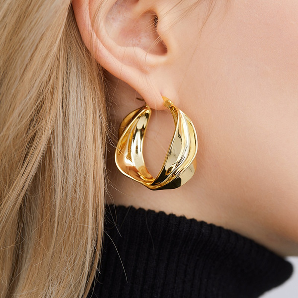 Korean Fashion Hoop Earrings For Women Gold Loop Large Statement Round