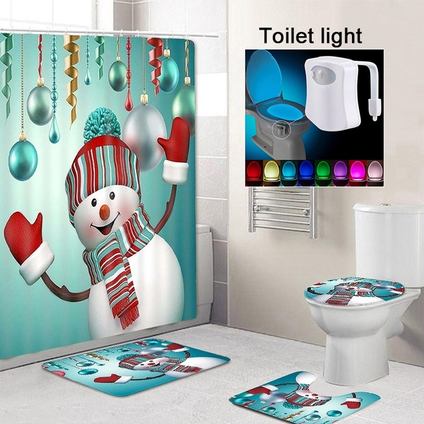 Christmas Snowman Shower Curtain Bathroom Rug Set Bath Mat Soft Toilet Lid Cover 