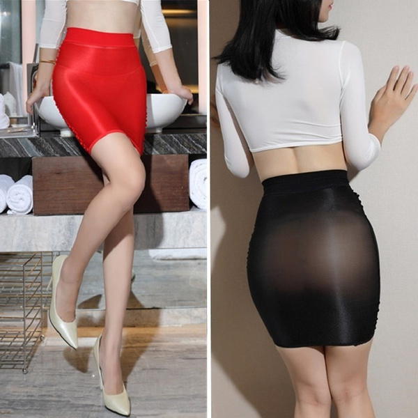 Womens Transparent Elastic Tight High Waist Pencil Skirt Night Wear Package  Hip Sheer Stretch Mini Skirt