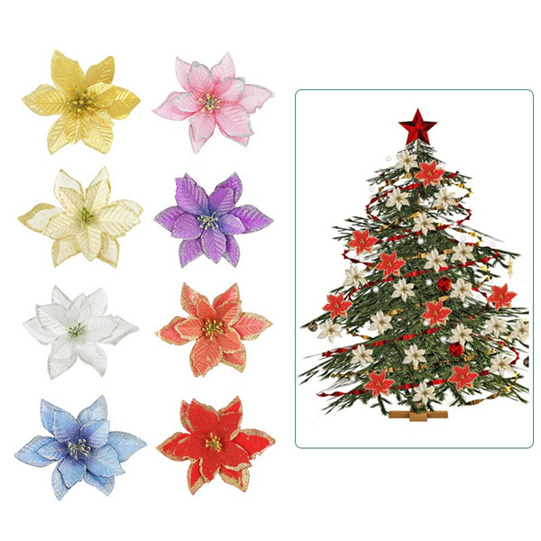 10PCS Glitter Artificial Christmas Tree Poinsettia Flowers Ornaments Home Decors 