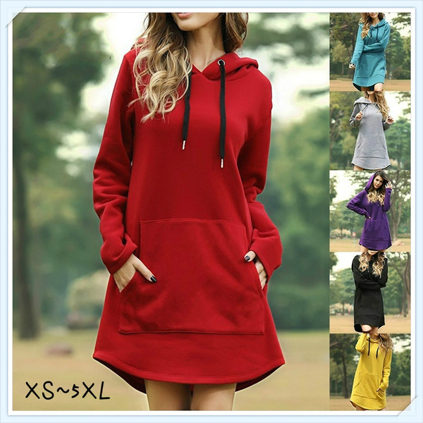 Women's Long Sleeved Hooded Dress Casual Pure Color Hoodies Pocket ...