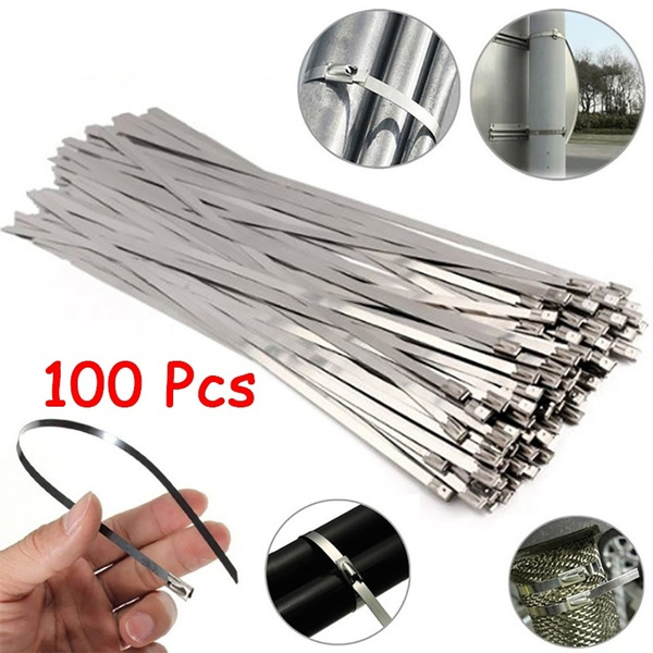 100 Pcs Cable Zip Ties 304 Stainless Steel 12" Exhaust Wrap Coated Metal Locking 