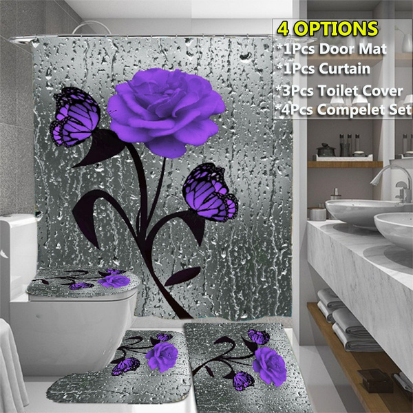 Bathroom Set Purple Rose Waterproof Shower Curtain+ Non Slip Bathroom Pedestal Rug + Toilet Lid Cover + Floor Mat Bath Mat Bathroom Decor | Wish