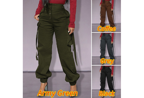 Women's Casual High Waist Solid Color Street Fashion Cargo Pants Side  Pockets Loose Jogger Outdoor Sport Trousers