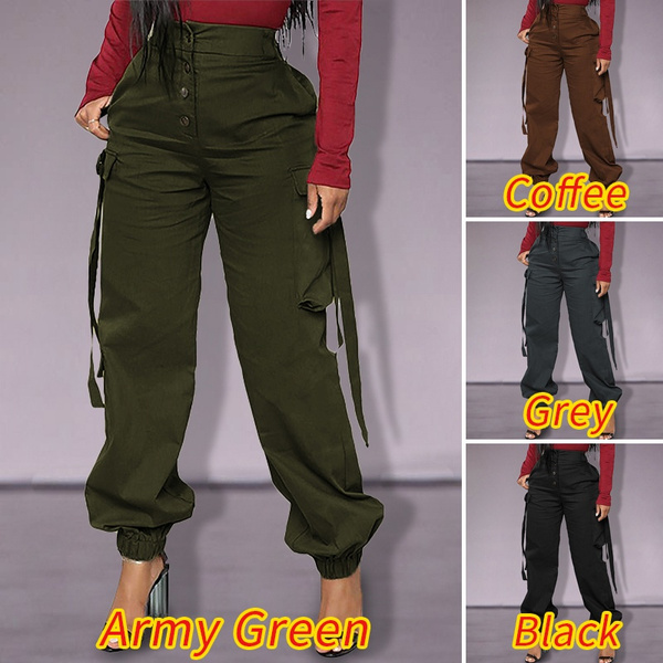 Women Casual High Waist Cargo Pants Ladies Loose Solid Trousers