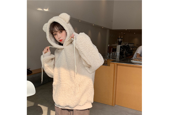 Women's Hooded Jumper Sweatshirt Pullover Top Fluffy Fleece Plush Bear Ear  White