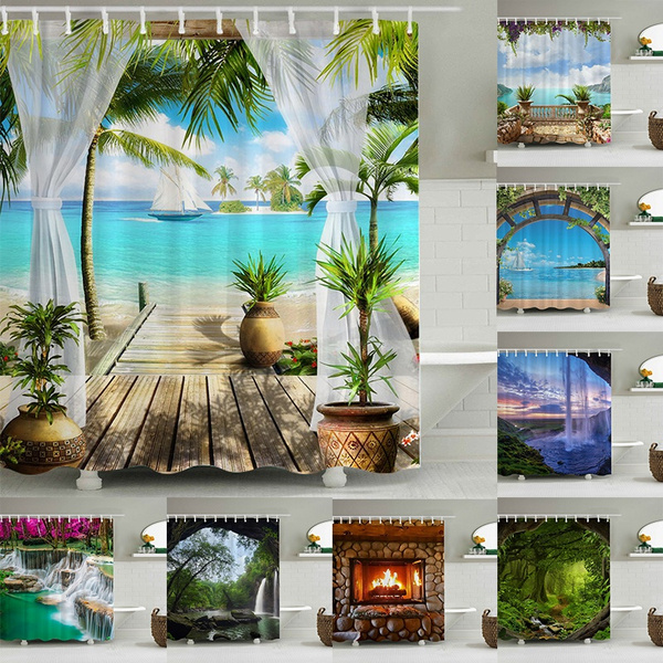 Beach Sailboat Coconut Tree Scenery, Beach Scene Shower Curtains Bath Accessories
