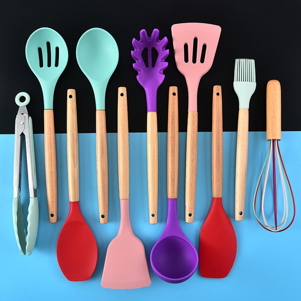 12PCS Kitchen Utensil Set - Silicone Cooking Utensils Wooden Handle With  Bucket