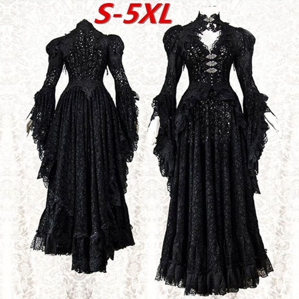 Womens Ladies Black Gothic Victorian Full Length Halloween Witch Ball Gown Dress 