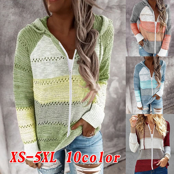 Women's Casual Stripe Hooded Sweater Color Block Patchwork V-Neck Long Sleeve Knitted Hoodies Oversized Blouse Tops 