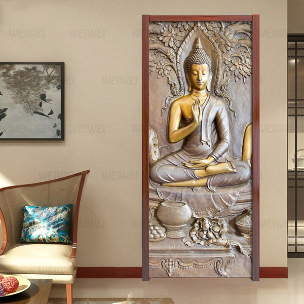 Golden Buddha Statue 3D Door Sticker PVC Self-adhesive Waterproof  Detachable Poster Wallpaper Living Room Bedroom Door Decor Decal Mural |  Wish