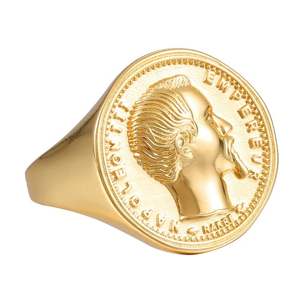 Signet Ring For Men Gold Color Round Stainless Steel Napoleon Vintage  French Coin Rings | Wish
