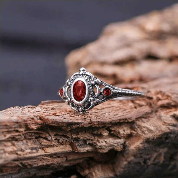 Women Vintage Elegant 925 Sterling Silver Red Rubine Gemstone