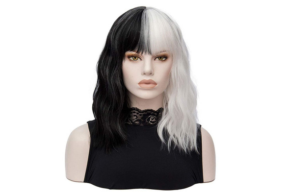 Half Black And White Wigs With Bangs Cute Curls Fashion Curly Wavy Split Bob Wigs Synthetic Cosplay Costume Halloween Party Wigs For Women Mama