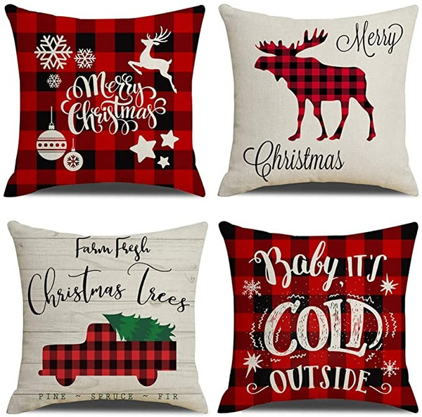 Christmas Throw Pillow Covers - Black Red Plaid Farmhouse Linen