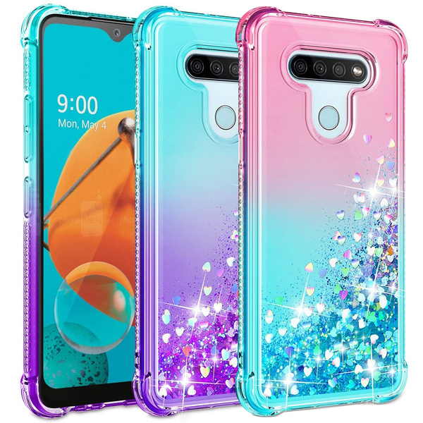 LG K51 Case LG Q51 Case with HD Screen Protector for Girls Women Cute Clear Gradient Glitter Liquid TPU Slim Phone Case for LG K51 Q51 Teal Purple