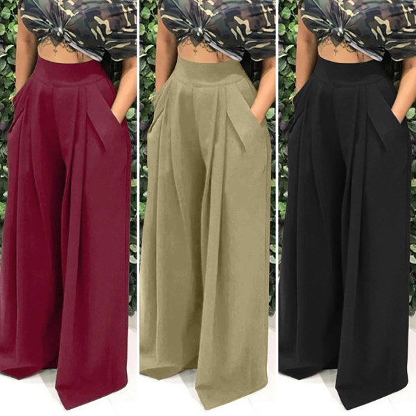 Fashion Women Casual Long Pants With Loose Pockets High Waist Elastic Wide  Leg Trousers Plus Size