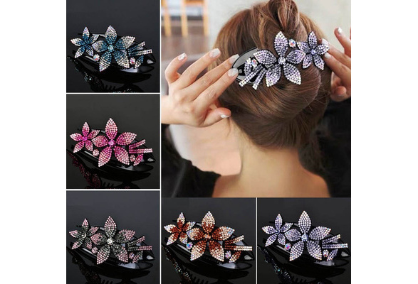Rhinestone Double Flower Hair Clip Flexible Durable Women Hair Dovetail Clip2