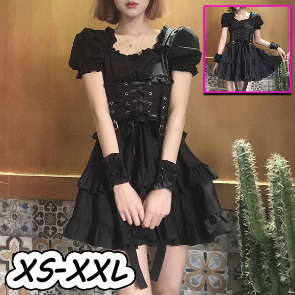Japanese Women Black Gothic Lolita Dress Victorian Renaissance Retro Chic  Punk Style Puff Sleeve Bandage Mini Dress Girl Dresses | Wish