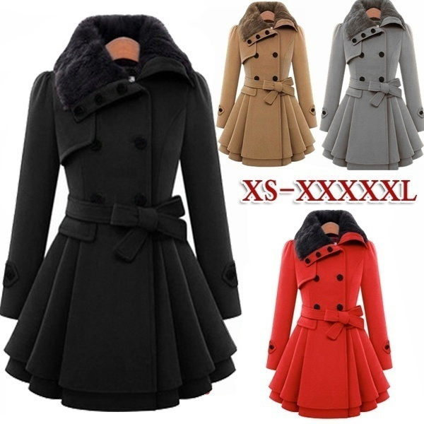 Women's Winter Coat Double Buckle Slim Trench Coats Lady Fur Collar ...