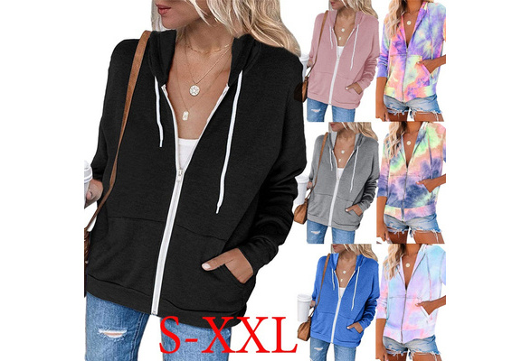 Women Long Sleeve Zip-up Hoodie Jacket, Solid Color Sweatshirt Coat