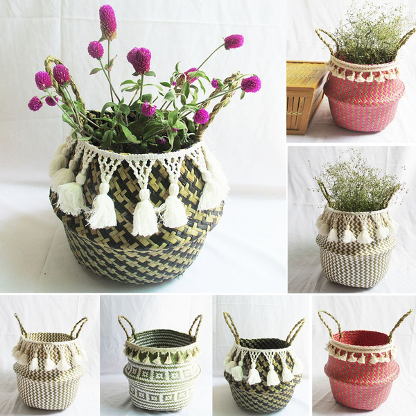 Seagrass Woven Storage Wicker Basket Flower Plants Straw Pots Bag Home Decor SP 